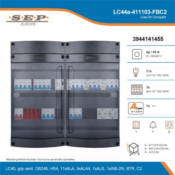 SEP Live-On Compact, LC44a-411103-FBC2, 40A, 3-fase groepenkast, 11-lichtgroepen, 3-krachtgroepen, 1-fornuisgroep, 1-beltrafo,  2V-contactdoos, technische details