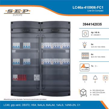 SEP Live-On Compact, LC46a-410906-FC1, 40A, 3-fase groepenkast, 9-lichtgroepen, 6-krachtgroepen, 1-fornuisgroep,  1V-contactdoos, technische details