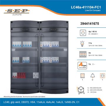 SEP Live-On Compact, LC46a-411104-FC1, 40A, 3-fase groepenkast, 11-lichtgroepen, 4-krachtgroepen, 1-fornuisgroep,  1V-contactdoos, technische details