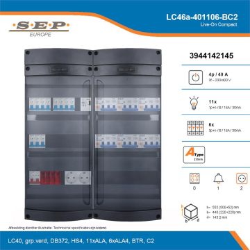 SEP Live-On Compact, LC46a-401106-BC2, 40A, 3-fase groepenkast, 11-lichtgroepen, 6-krachtgroepen, 1-beltrafo,  2V-contactdoos, technische details