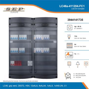 SEP Live-On Compact, LC46a-411204-FC1, 40A, 3-fase groepenkast, 12-lichtgroepen, 4-krachtgroepen, 1-fornuisgroep,  1V-contactdoos, technische details