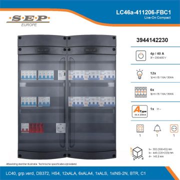 SEP Live-On Compact, LC46a-411206-FBC1, 40A, 3-fase groepenkast, 12-lichtgroepen, 6-krachtgroepen, 1-fornuisgroep, 1-beltrafo,  1V-contactdoos, technische details