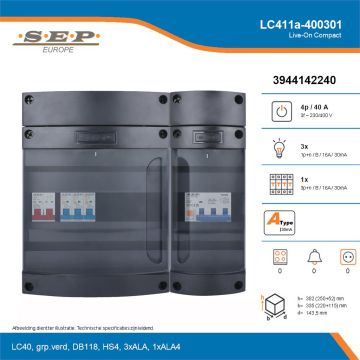 SEP Live-On Compact, LC411a-400301, 40A, 3-fase groepenkast, 3-lichtgroepen, 1-krachtgroepen, technische details