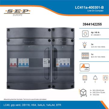SEP Live-On Compact, LC411a-400301-B, 40A, 3-fase groepenkast, 3-lichtgroepen, 1-krachtgroepen, 1-beltrafo, technische details