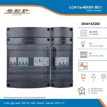 SEP Live-On Compact, LC411a-400301-BC1, 40A, 3-fase groepenkast, 3-lichtgroepen, 1-krachtgroepen, 1-beltrafo,  1V-contactdoos, technische details
