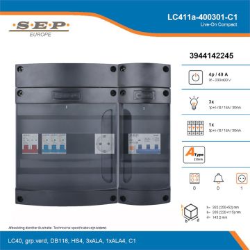 SEP Live-On Compact, LC411a-400301-C1, 40A, 3-fase groepenkast, 3-lichtgroepen, 1-krachtgroepen,  1V-contactdoos, technische details