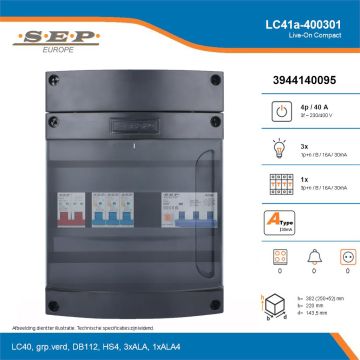 SEP Live-On Compact, LC41a-400301, 40A, 3-fase groepenkast, 3-lichtgroepen, 1-krachtgroepen, technische details