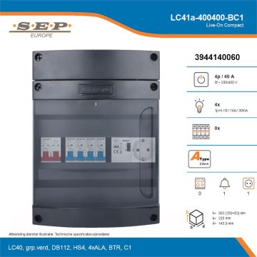 SEP Live-On Compact, LC41a-400400-BC1, 40A, 3-fase groepenkast, 4-lichtgroepen, 1-beltrafo,  1V-contactdoos, technische details