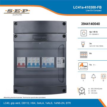 SEP Live-On Compact, LC41a-410300-FB, 40A, 3-fase groepenkast, 3-lichtgroepen, 1-fornuisgroep, 1-beltrafo, technische details