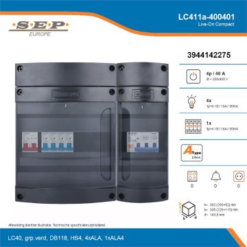 SEP Live-On Compact, LC411a-400401, 40A, 3-fase groepenkast, 4-lichtgroepen, 1-krachtgroepen, technische details