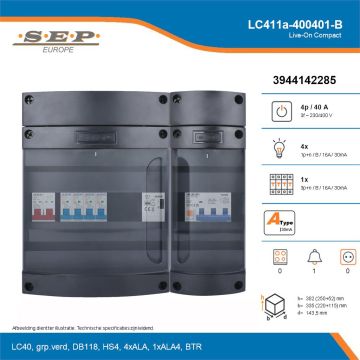 SEP Live-On Compact, LC411a-400401-B, 40A, 3-fase groepenkast, 4-lichtgroepen, 1-krachtgroepen, 1-beltrafo, technische details