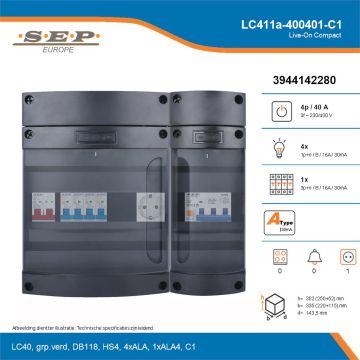 SEP Live-On Compact, LC411a-400401-C1, 40A, 3-fase groepenkast, 4-lichtgroepen, 1-krachtgroepen,  1V-contactdoos, technische details