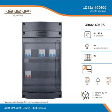 SEP Live-On Compact, LC42a-400600, 40A, 3-fase groepenkast, 6-lichtgroepen, technische details