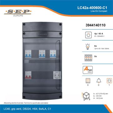 SEP Live-On Compact, LC42a-400600-C1, 40A, 3-fase groepenkast, 6-lichtgroepen,  1V-contactdoos, technische details