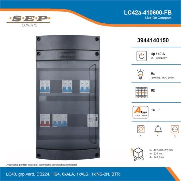 SEP Live-On Compact, LC42a-410600-FB, 40A, 3-fase groepenkast, 6-lichtgroepen, 1-fornuisgroep, 1-beltrafo, technische details