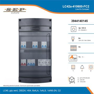 SEP Live-On Compact, LC42a-410600-FC2, 40A, 3-fase groepenkast, 6-lichtgroepen, 1-fornuisgroep,  2V-contactdoos, technische details
