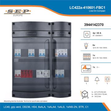 SEP Live-On Compact, LC422a-410601-FBC1, 40A, 3-fase groepenkast, 6-lichtgroepen, 1-krachtgroepen, 1-fornuisgroep, 1-beltrafo,  1V-contactdoos, technische details