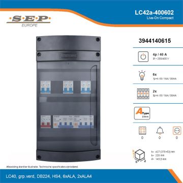 SEP Live-On Compact, LC42a-400602, 40A, 3-fase groepenkast, 6-lichtgroepen, 2-krachtgroepen, technische details