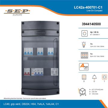 SEP Live-On Compact, LC42a-400701-C1, 40A, 3-fase groepenkast, 7-lichtgroepen, 1-krachtgroepen,  1V-contactdoos, technische details