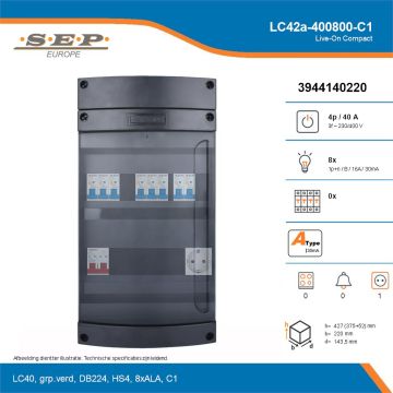 SEP Live-On Compact, LC42a-400800-C1, 40A, 3-fase groepenkast, 8-lichtgroepen,  1V-contactdoos, technische details