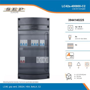 SEP Live-On Compact, LC42a-400800-C2, 40A, 3-fase groepenkast, 8-lichtgroepen,  2V-contactdoos, technische details