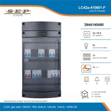 SEP Live-On Compact, LC42a-410601-F, 40A, 3-fase groepenkast, 6-lichtgroepen, 1-krachtgroepen, 1-fornuisgroep, technische details