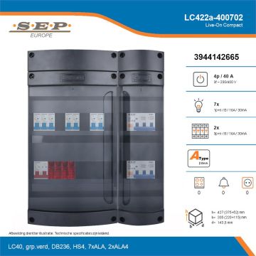 SEP Live-On Compact, LC422a-400702, 40A, 3-fase groepenkast, 7-lichtgroepen, 2-krachtgroepen, technische details