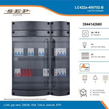 SEP Live-On Compact, LC422a-400702-B, 40A, 3-fase groepenkast, 7-lichtgroepen, 2-krachtgroepen, 1-beltrafo, technische details