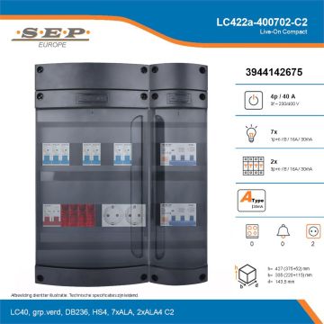 SEP Live-On Compact, LC422a-400702-C2, 40A, 3-fase groepenkast, 7-lichtgroepen, 2-krachtgroepen,  2V-contactdoos, technische details