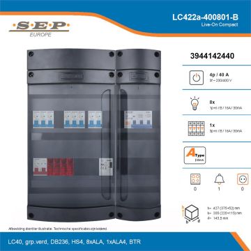 SEP Live-On Compact, LC422a-400801-B, 40A, 3-fase groepenkast, 8-lichtgroepen, 1-krachtgroepen, 1-beltrafo, technische details