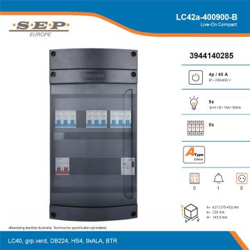 SEP Live-On Compact, LC42a-400900-B, 40A, 3-fase groepenkast, 9-lichtgroepen, 1-beltrafo, technische details