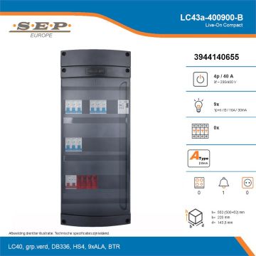 SEP Live-On Compact, LC43a-400900-B, 40A, 3-fase groepenkast, 9-lichtgroepen, 1-beltrafo, technische details
