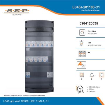 SEP Live-On SmartChoise, LS43a-201100-C1, 40A, 1-fase groepenkast, 11-lichtgroepen,  1V-contactdoos, technische details