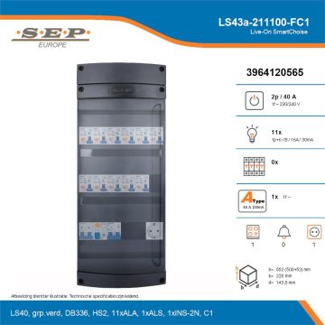 SEP Live-On SmartChoise, LS43a-211100-FC1, 40A, 1-fase groepenkast, 11-lichtgroepen, 1-fornuisgroep,  1V-contactdoos, technische details