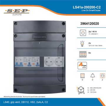 SEP Live-On SmartChoise, LS41a-200200-C2, 40A, 1-fase groepenkast, 2-lichtgroepen,  2V-contactdoos, technische details
