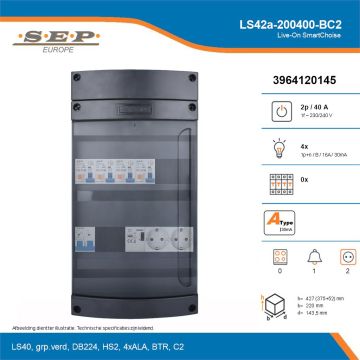 SEP Live-On SmartChoise, LS42a-200400-BC2, 40A, 1-fase groepenkast, 4-lichtgroepen, 1-beltrafo,  2V-contactdoos, technische details