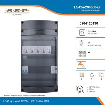 SEP Live-On SmartChoise, LS42a-200500-B, 40A, 1-fase groepenkast, 5-lichtgroepen, 1-beltrafo, technische details