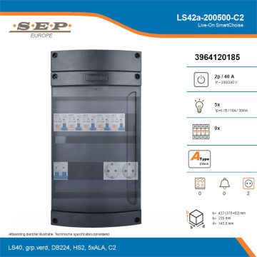 SEP Live-On SmartChoise, LS42a-200500-C2, 40A, 1-fase groepenkast, 5-lichtgroepen,  2V-contactdoos, technische details