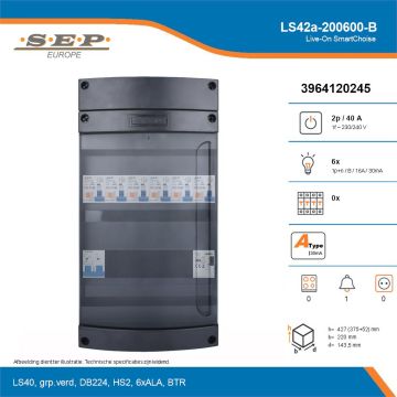 SEP Live-On SmartChoise, LS42a-200600-B, 40A, 1-fase groepenkast, 6-lichtgroepen, 1-beltrafo, technische details