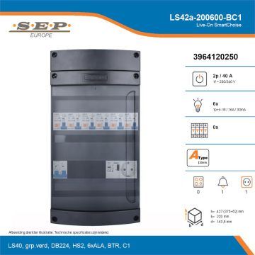 SEP Live-On SmartChoise, LS42a-200600-BC1, 40A, 1-fase groepenkast, 6-lichtgroepen, 1-beltrafo,  1V-contactdoos, technische details