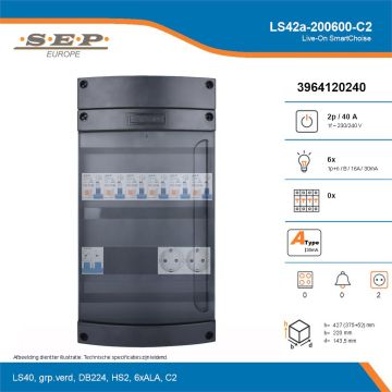 SEP Live-On SmartChoise, LS42a-200600-C2, 40A, 1-fase groepenkast, 6-lichtgroepen,  2V-contactdoos, technische details