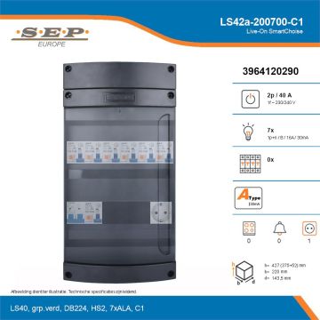 SEP Live-On SmartChoise, LS42a-200700-C1, 40A, 1-fase groepenkast, 7-lichtgroepen,  1V-contactdoos, technische details