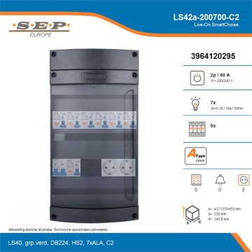 SEP Live-On SmartChoise, LS42a-200700-C2, 40A, 1-fase groepenkast, 7-lichtgroepen,  2V-contactdoos, technische details