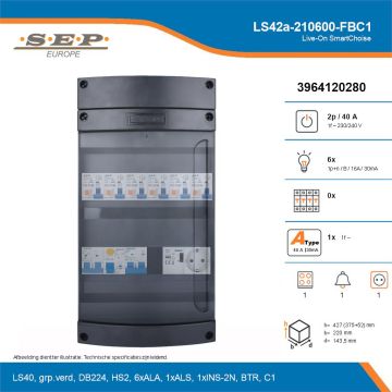 SEP Live-On SmartChoise, LS42a-210600-FBC1, 40A, 1-fase groepenkast, 6-lichtgroepen, 1-fornuisgroep, 1-beltrafo,  1V-contactdoos, technische details