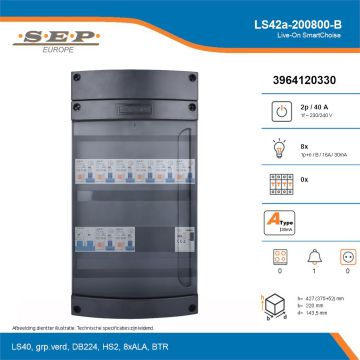 SEP Live-On SmartChoise, LS42a-200800-B, 40A, 1-fase groepenkast, 8-lichtgroepen, 1-beltrafo, technische details