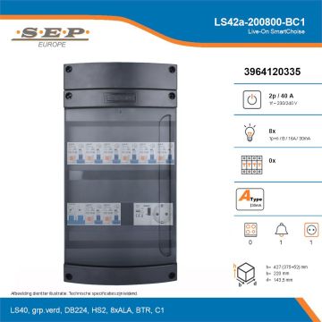 SEP Live-On SmartChoise, LS42a-200800-BC1, 40A, 1-fase groepenkast, 8-lichtgroepen, 1-beltrafo,  1V-contactdoos, technische details