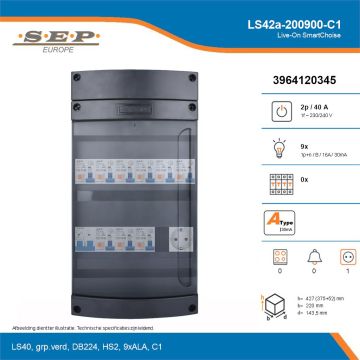 SEP Live-On SmartChoise, LS42a-200900-C1, 40A, 1-fase groepenkast, 9-lichtgroepen,  1V-contactdoos, technische details