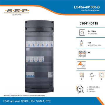 SEP Live-On SmartChoise, LS43a-401000-B, 40A, 3-fase groepenkast, 10-lichtgroepen, 1-beltrafo, technische details