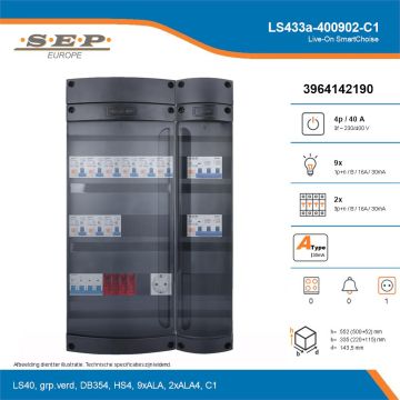 SEP Live-On SmartChoise, LS433a-400902-C1, 40A, 3-fase groepenkast, 9-lichtgroepen, 2-krachtgroepen,  1V-contactdoos, technische details