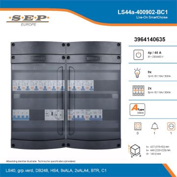SEP Live-On SmartChoise, LS44a-400902-BC1, 40A, 3-fase groepenkast, 9-lichtgroepen, 2-krachtgroepen, 1-beltrafo,  1V-contactdoos, technische details